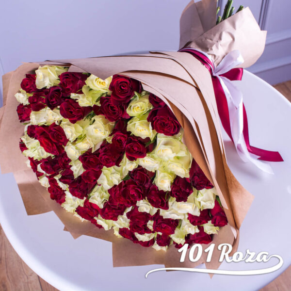 101 красно белая роза 40 см доставка